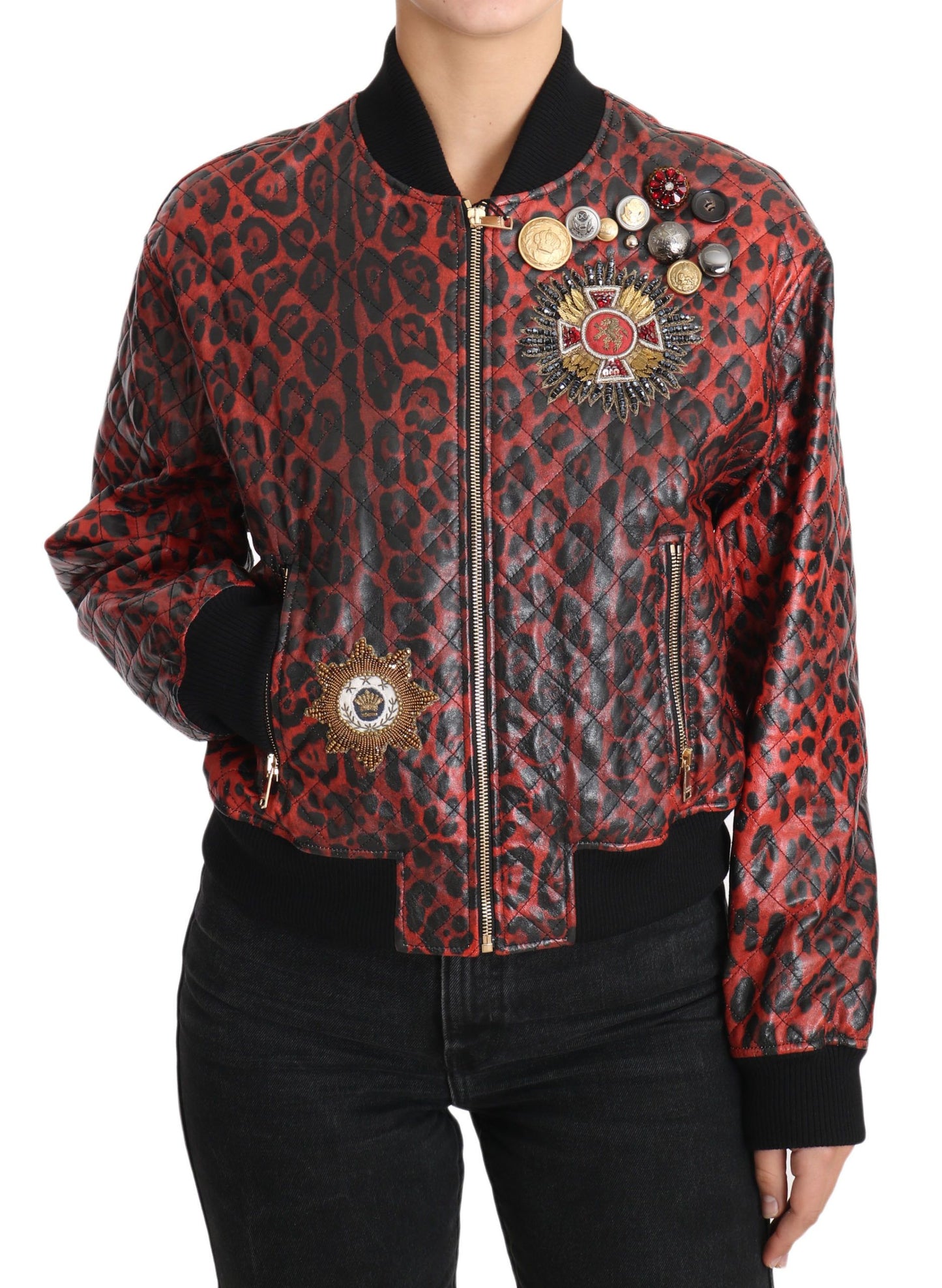 Red Leopard Button Crystal Leather Jacket