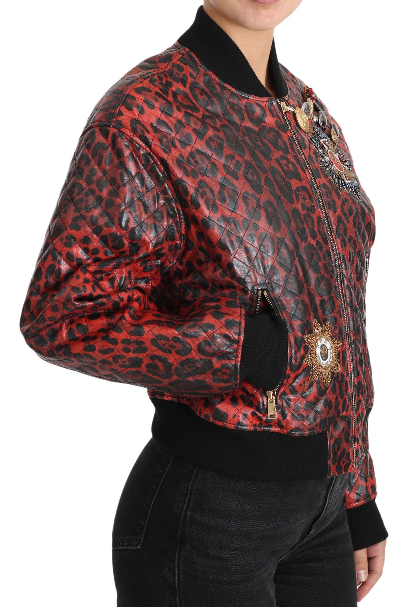 Red Leopard Button Crystal Leather Jacket