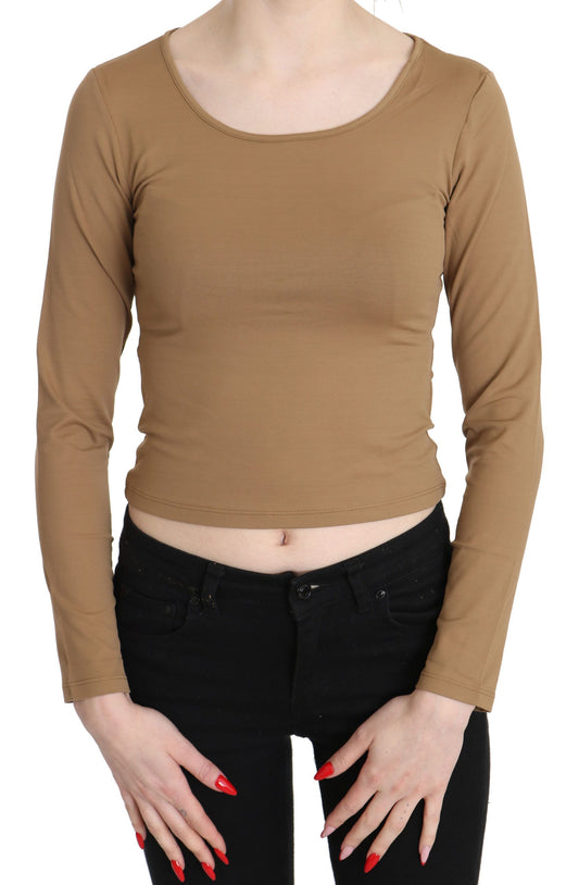 Brown Round Neck Long Sleeve Slim Crop Top Blouse