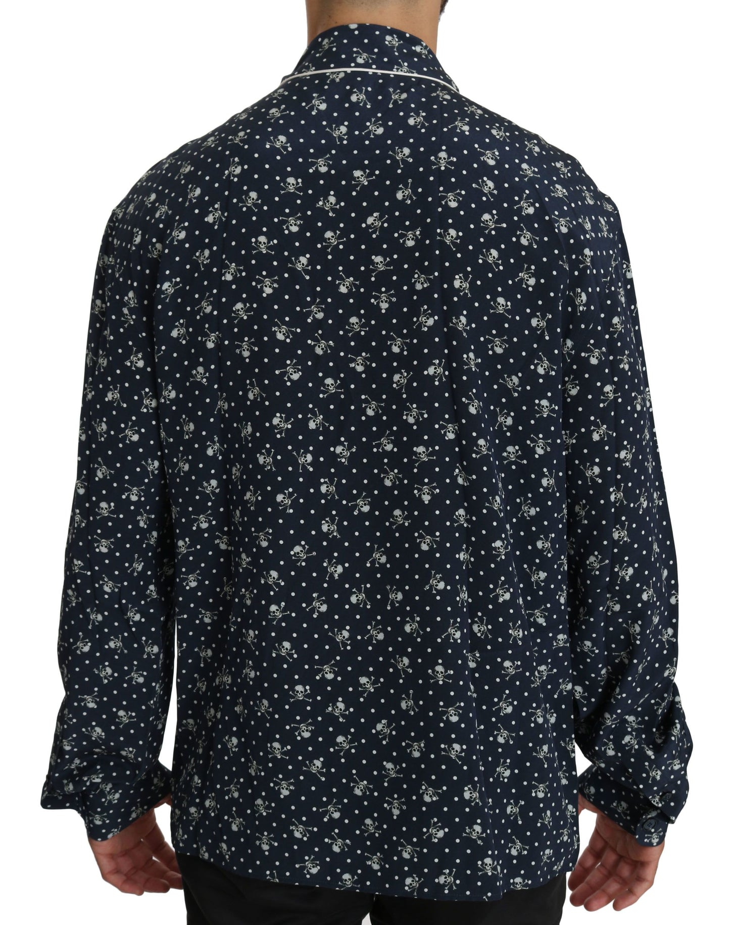 Blue Skull Print Silk Top Sleepwear Shirt