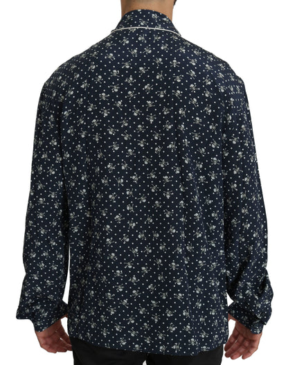 Blue Skull Print Silk Top Sleepwear Shirt