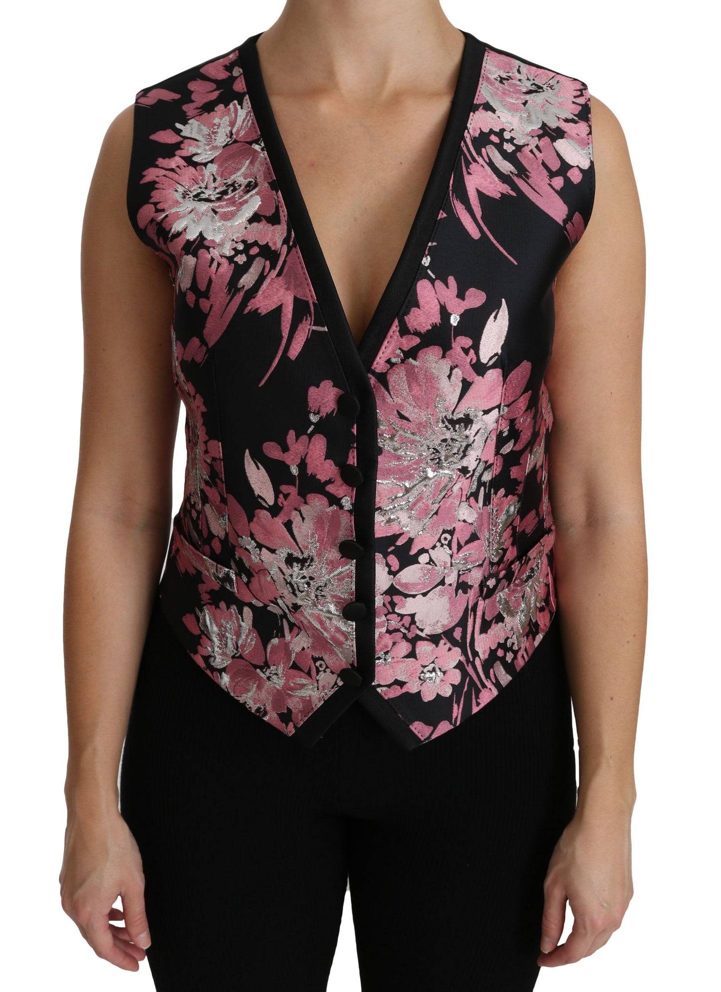 Dolce & Gabbana Ladies' Black Pink Floral Waistcoat Vest Blouse Top