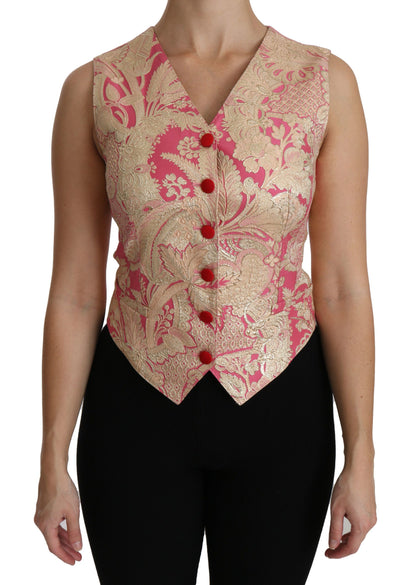 Dolce & Gabbana Ladies' Pink Gold Brocade Waistcoat Vest Blouse Top