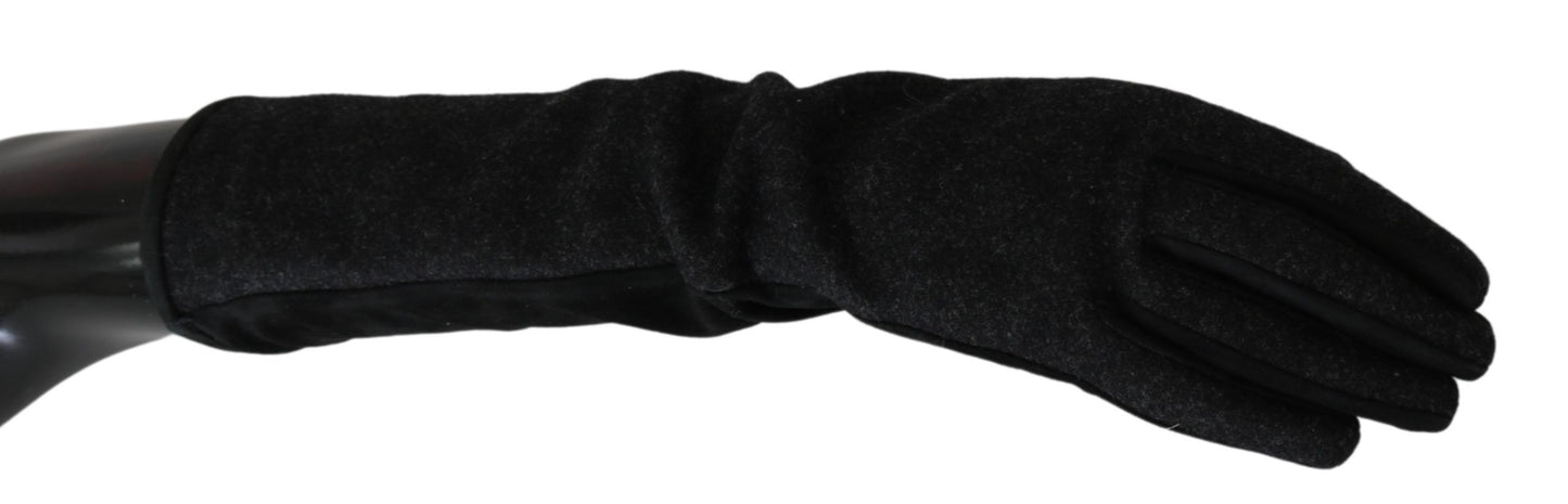 Black Grey Mid Arm Length Mittens Wool Gloves