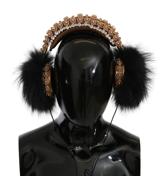 Gold Black Crystal Fur Headset Audio Headphones