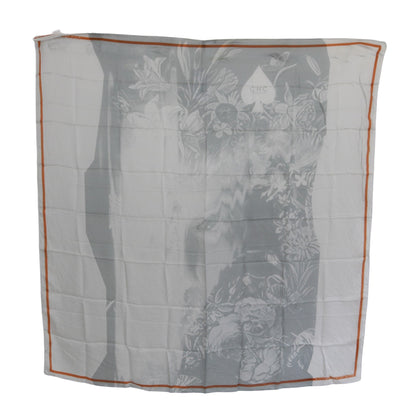 Gray Orange Silk Floral Foulard Wrap Scarf