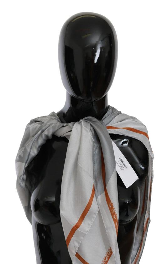 Gray Orange Silk Floral Foulard Wrap Scarf