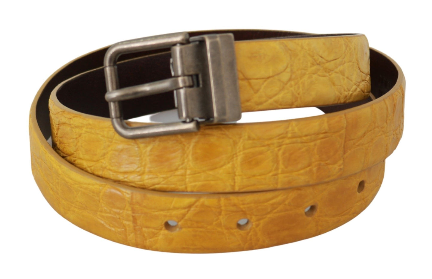 Yellow Exotic Skin Leather Grey Buckle Belt