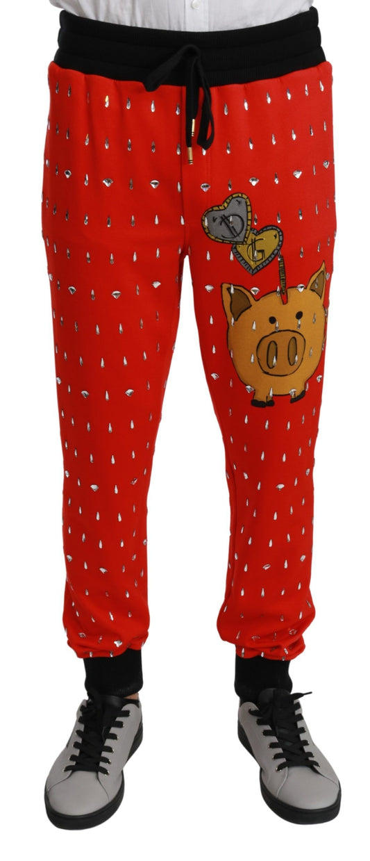 Red Piggy Bank Cotton Crystal Trousers Pants