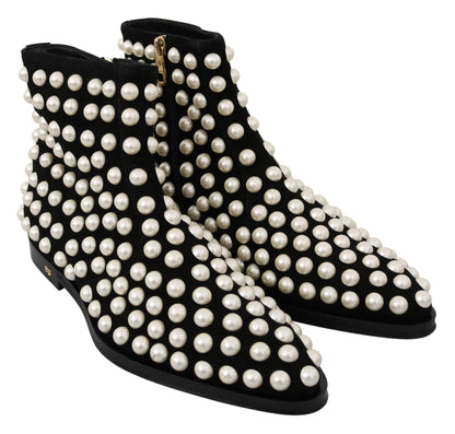 Black Suede Pearl Studs Boots Shoes