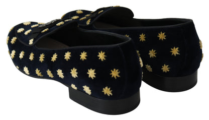 Blue Velvet Crown Slippers Loafers Shoes