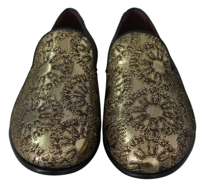 Gold Jacquard Flats Mens Loafers Shoes