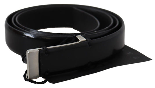 Black Leather Silver Chrome Metal Buckle Belt