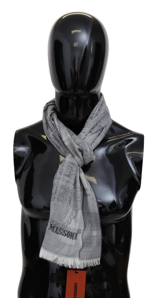 Missoni Grey Floral Wool Unisex Neck Wrap Fringes Scarf