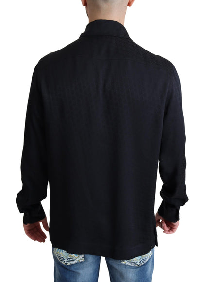 Black Jacquard Silk Casual Btton Doown Shirt