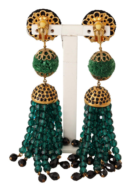 Green Crystals Gold Tone Drop Clip-on Dangle Earrings