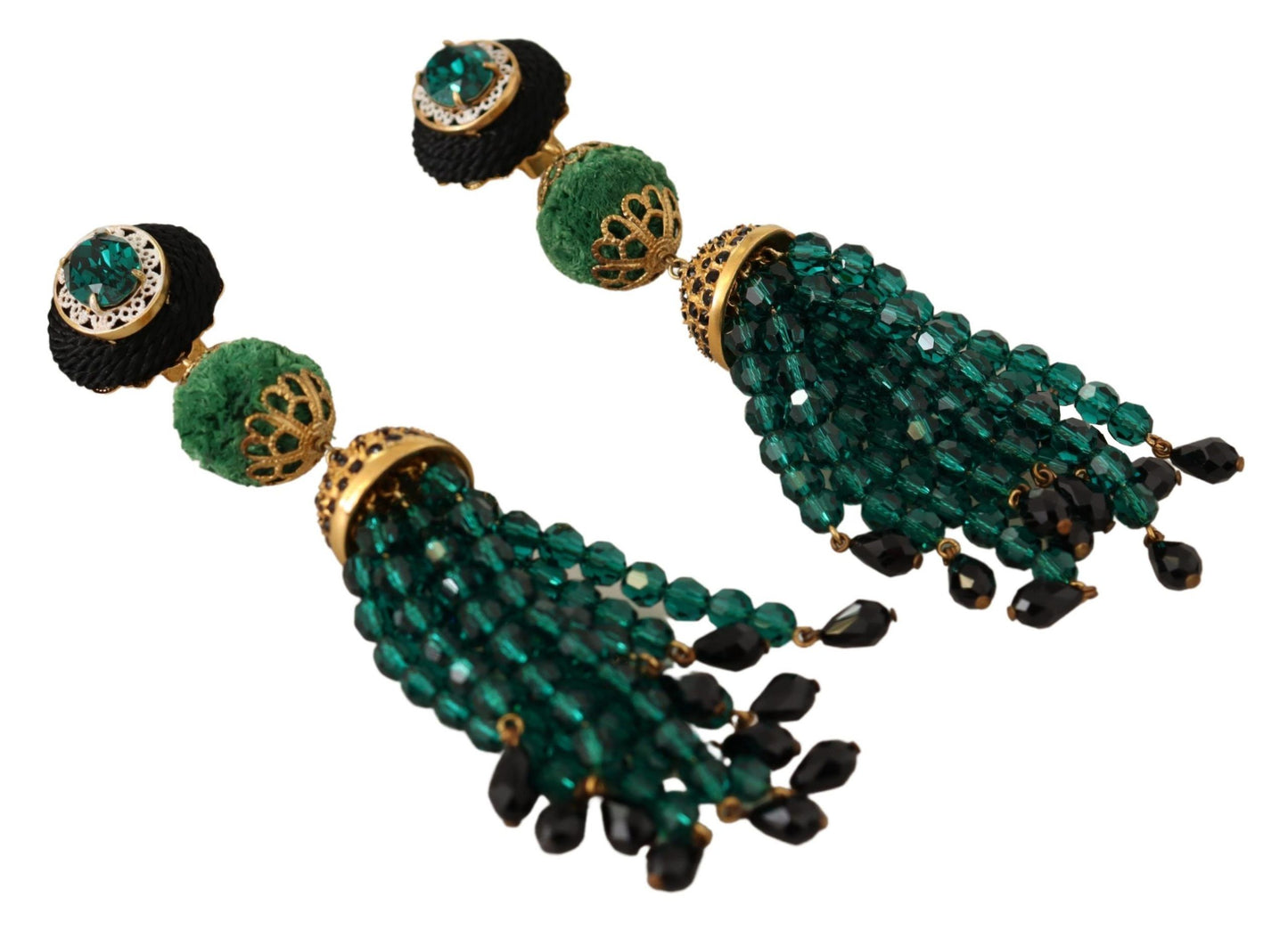 Green Crystals Gold Tone Drop Clip-on Dangle Earrings