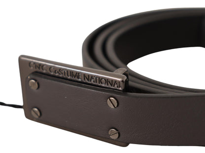 Dark Brown Leather Logo Buckle Belt