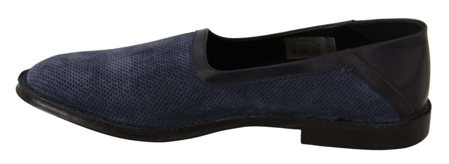 Blue Leather Perforated Slip On Loafers Shoes