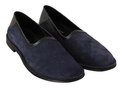 Blue Leather Perforated Slip On Loafers Shoes