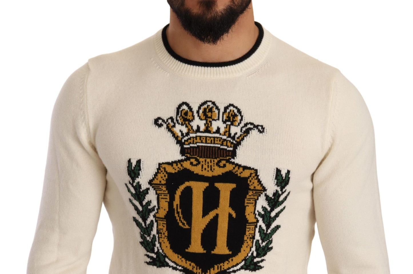 Dolce & Gabbana Elegant Snow-White Heraldic Cashmere Sweater