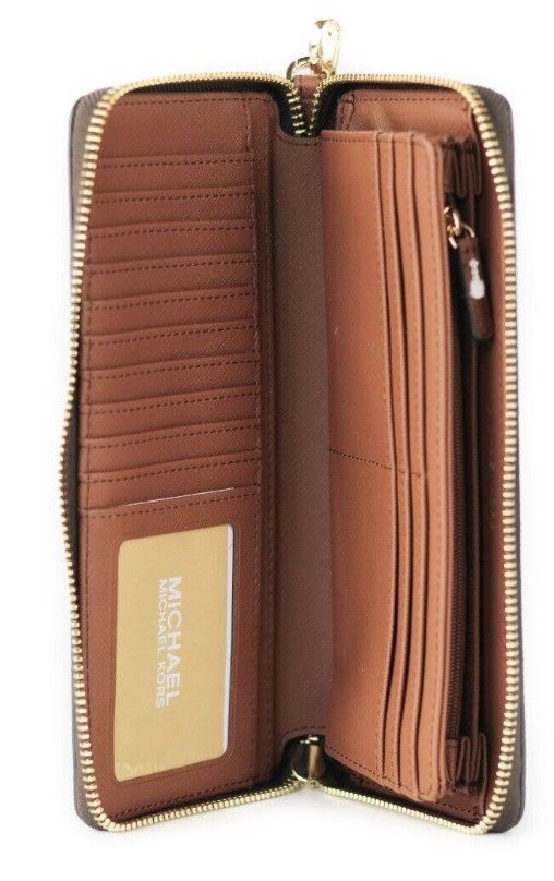 Michael Kors Jet Set Travel Large Continental Clutch Wristlet Wallet (Brown Signature)