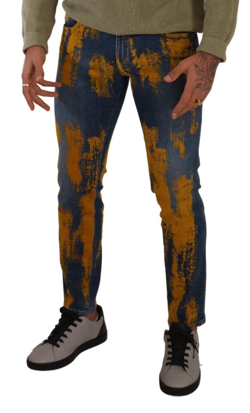 Blue Yellow Dye Cotton Skinny Men Denim Jeans