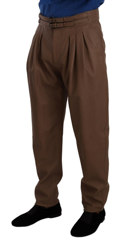 Brown Leather Tapered High Waist Pants