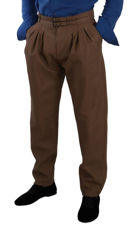 Brown Leather Tapered High Waist Pants