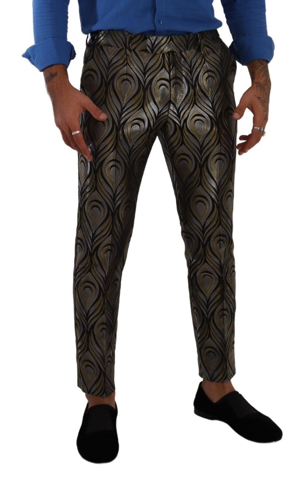 Silver Gold Jacquard Men Trouser Dress Pants