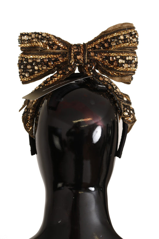 Gold Crystal Beaded Sequined Silk Bow Headband Diadem