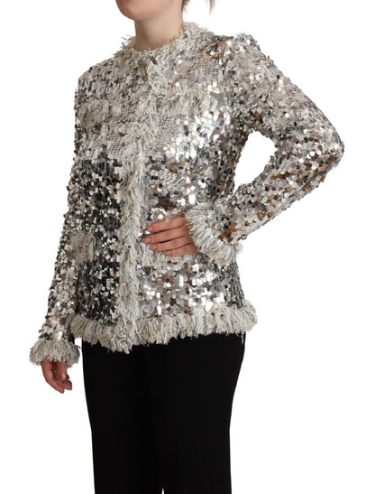 Dolce & Gabbana Silver Sequined Shearling Long Sleeves Jacket