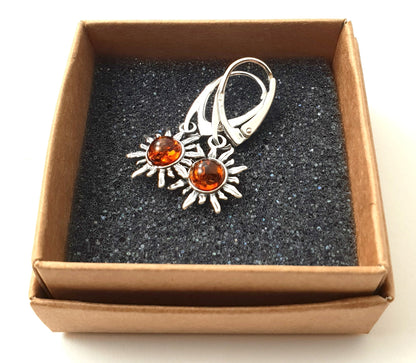 Baltic Amber Cognac Drop Sun Earrings With Silver-1