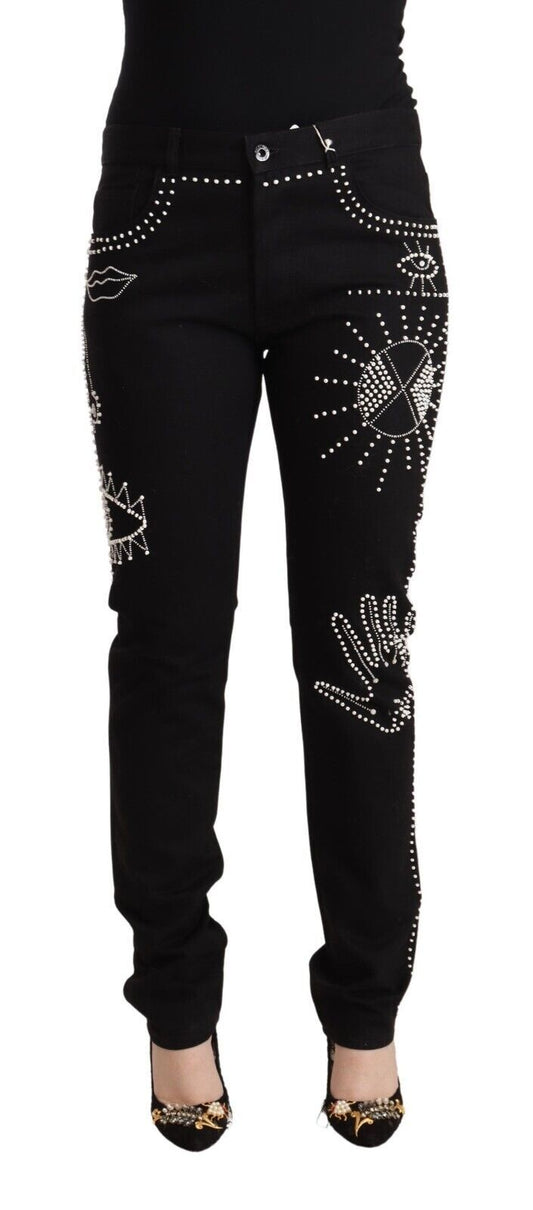 Black Cotton Mid Waist Embellished Slim Fit Jeans