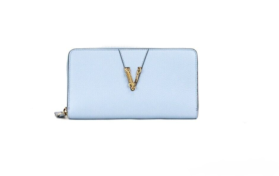 Versace Large Gold Monogram Zip Around Clutch Wallet (Cornflower Blue)