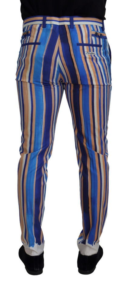 Dolce & Gabbana Men's Blue Striped Silk Cotton Slim Trousers Pants