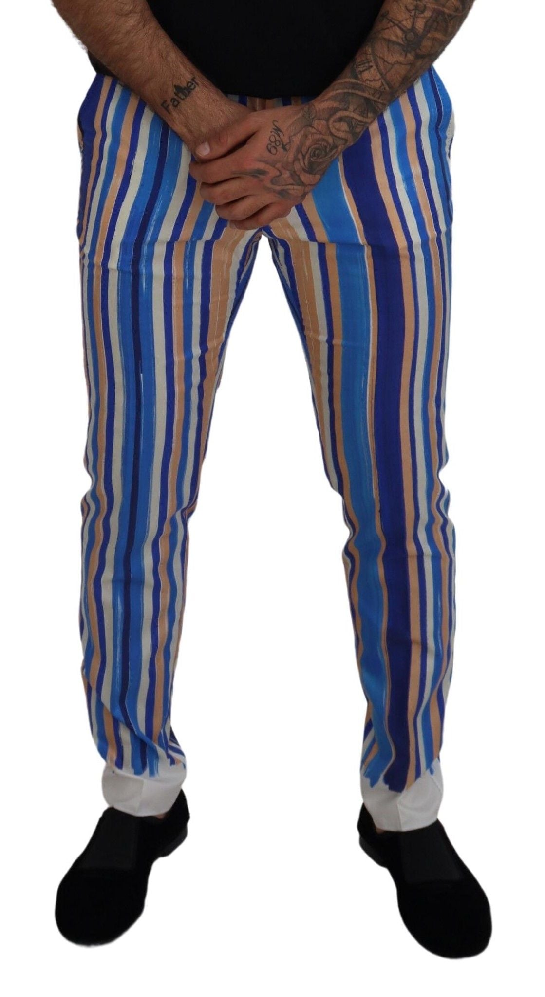 Dolce & Gabbana Men's Blue Striped Silk Cotton Slim Trousers Pants