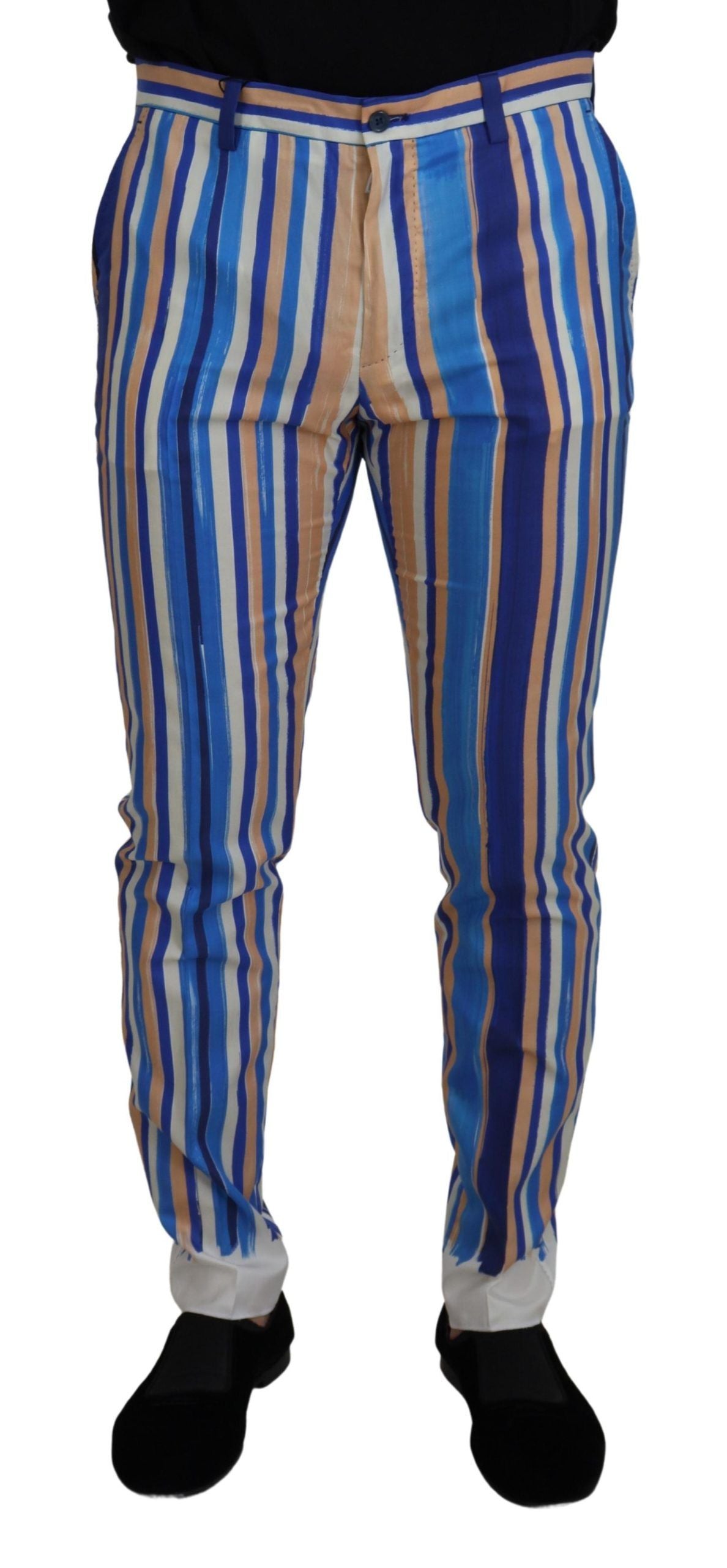 Dolce & Gabbana Men's Blue Striped Silk Cotton Slim Trousers Pants