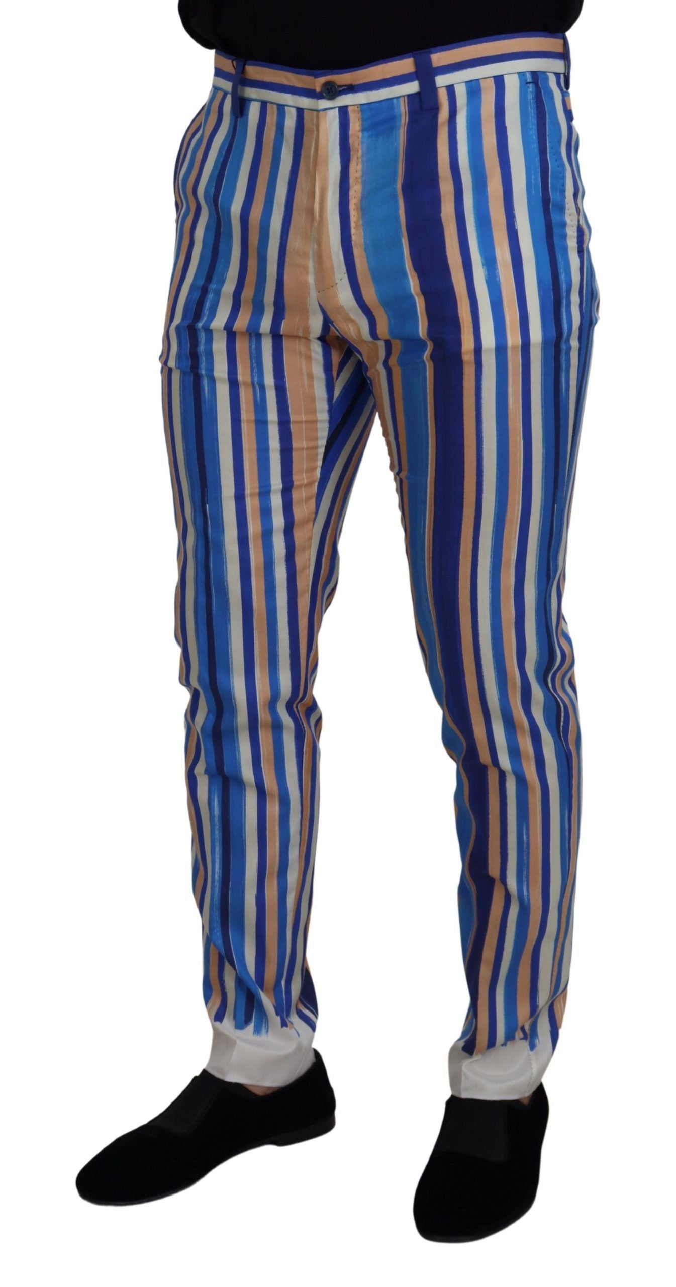 Dolce & Gabbana Men's Blue Striped Silk Cotton Slim Trousers Pants