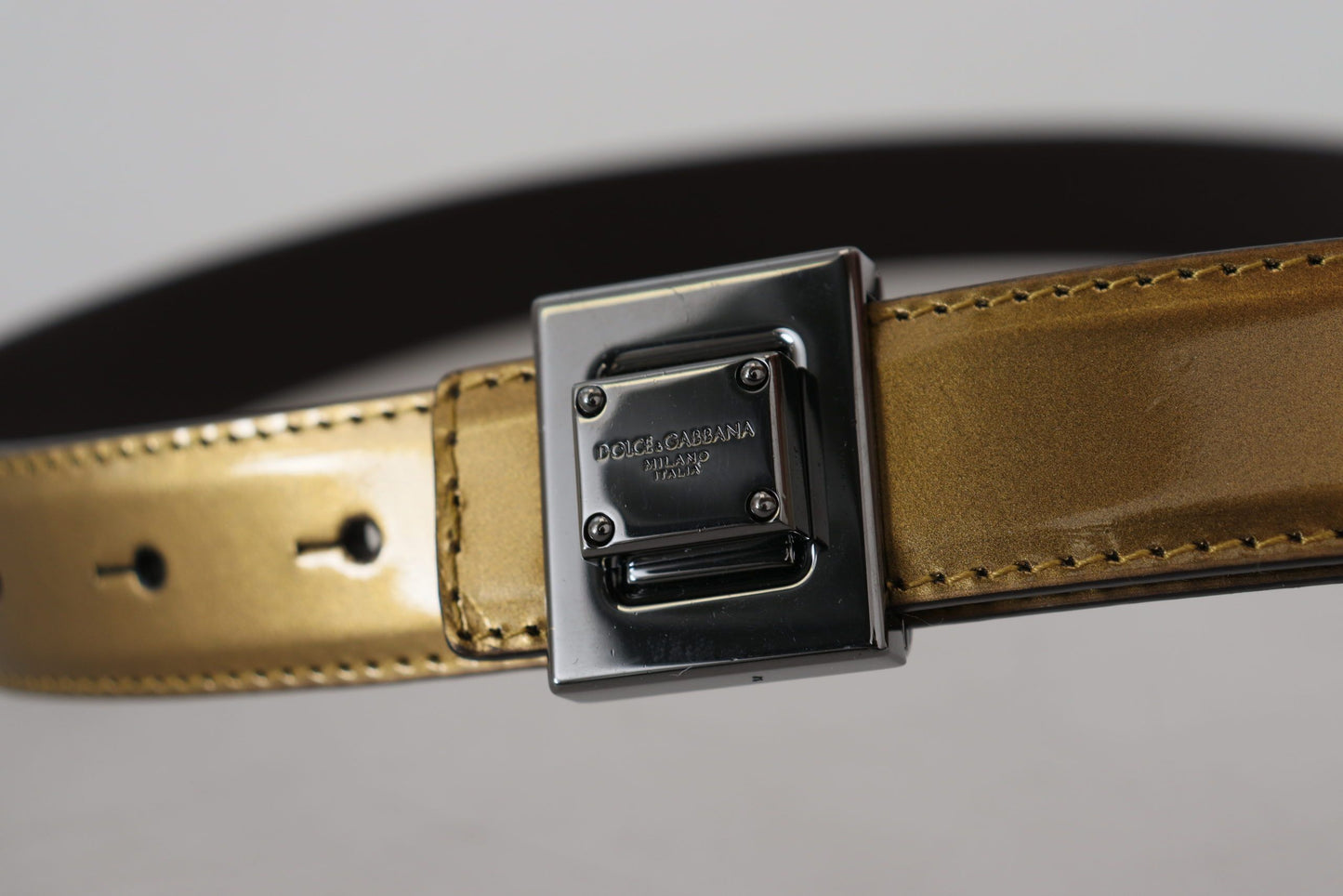 Dolce & Gabbana Gold Leather Silver Square Metal Buckle Belt