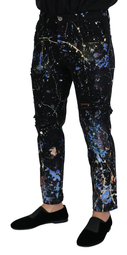 Dolce & Gabbana Men's Black Cotton Color Splash Print Denim Jeans