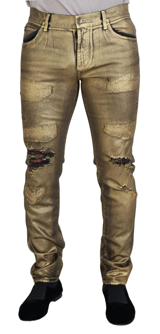 Dolce & Gabbana Men's Gold Cotton Tattered Skinny Men Denim Jeans