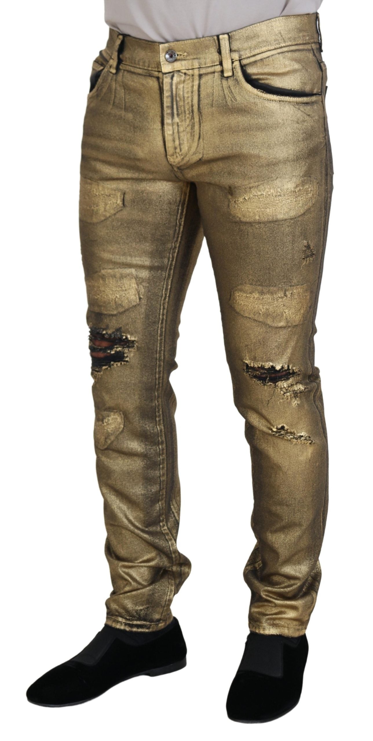 Dolce & Gabbana Men's Gold Cotton Tattered Skinny Men Denim Jeans