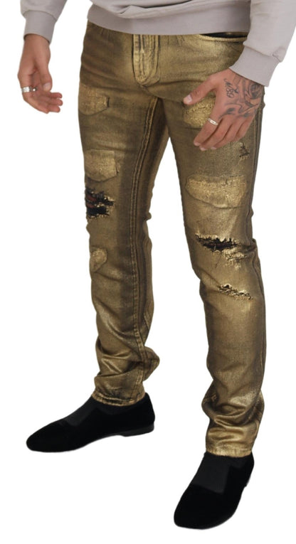 Dolce & Gabbana Men's Gold Cotton Tattered Skinny Men Denim Jeans