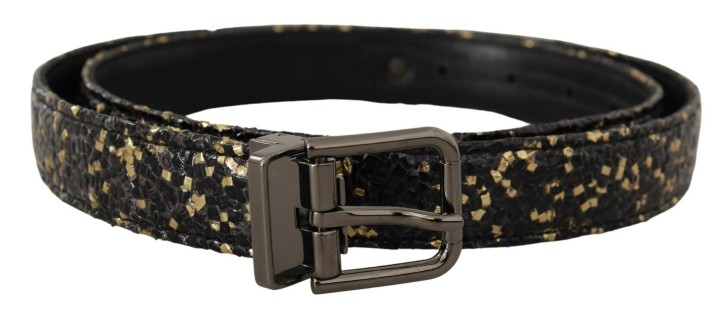 Gold Black Two-toned Leather Chrome Buckle Belt