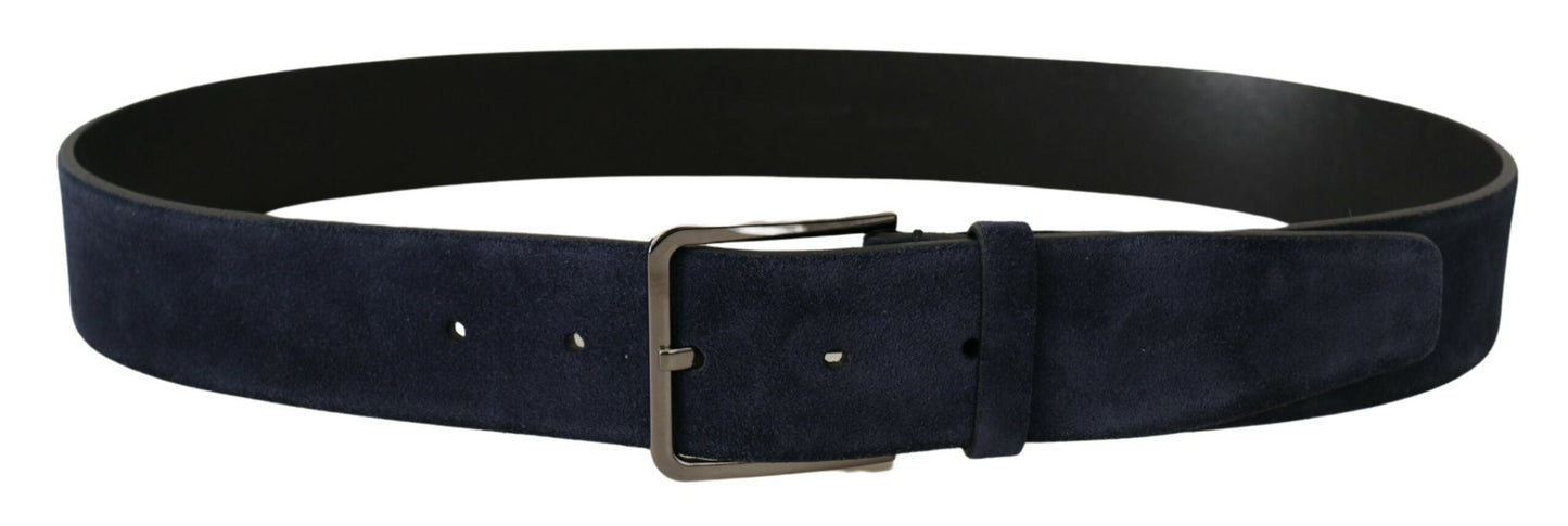 Navy Blue Velvet Leather Silver Logo Buckle Belt