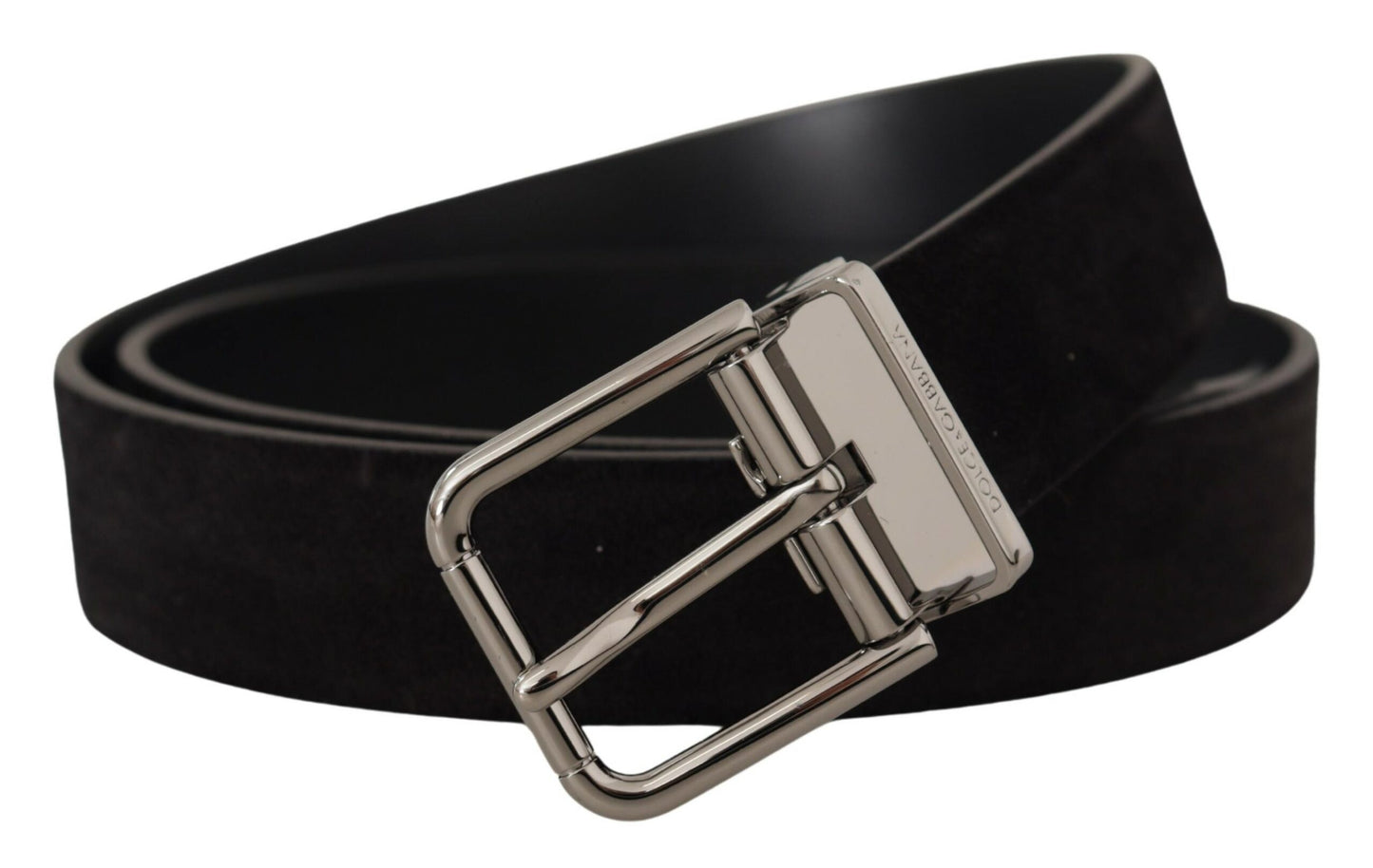 Black Vitello Leather Silver Tone Logo Belt