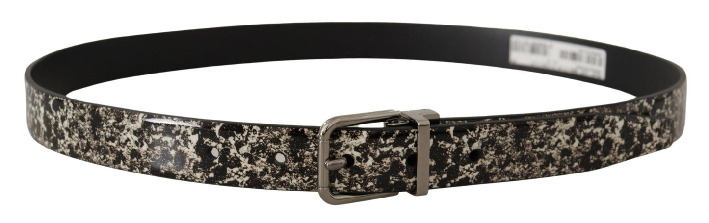 Black Marble Print Leather Silver Logo Buckle Belt