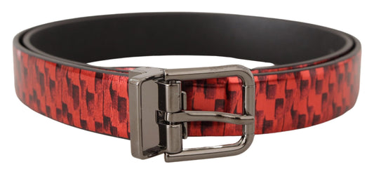 Red Herringbone Leather Gray Tone Buckle Belt