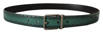 Green Giotto Leather Silver Metal Buckle Belt